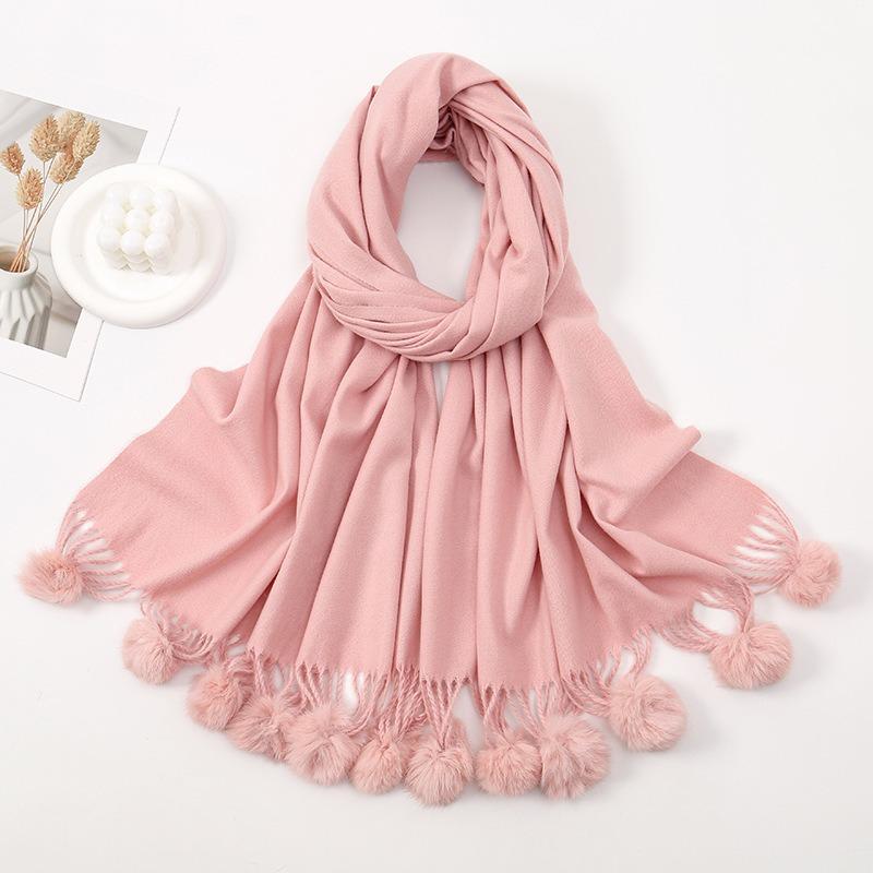 

Autumn and winter new imitation cashmere scarf women s solid color versatile fringed ball velvet thickened warm scarf 190cm