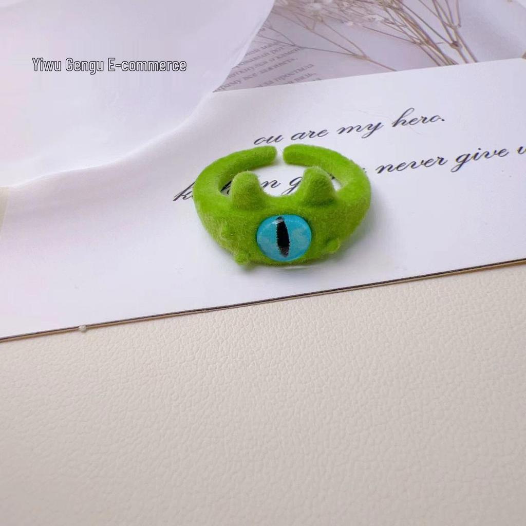 "Charming Monster Cat Ring: Cute, Flocked, Open Adjustable with Big Eyes for Versatile Style"