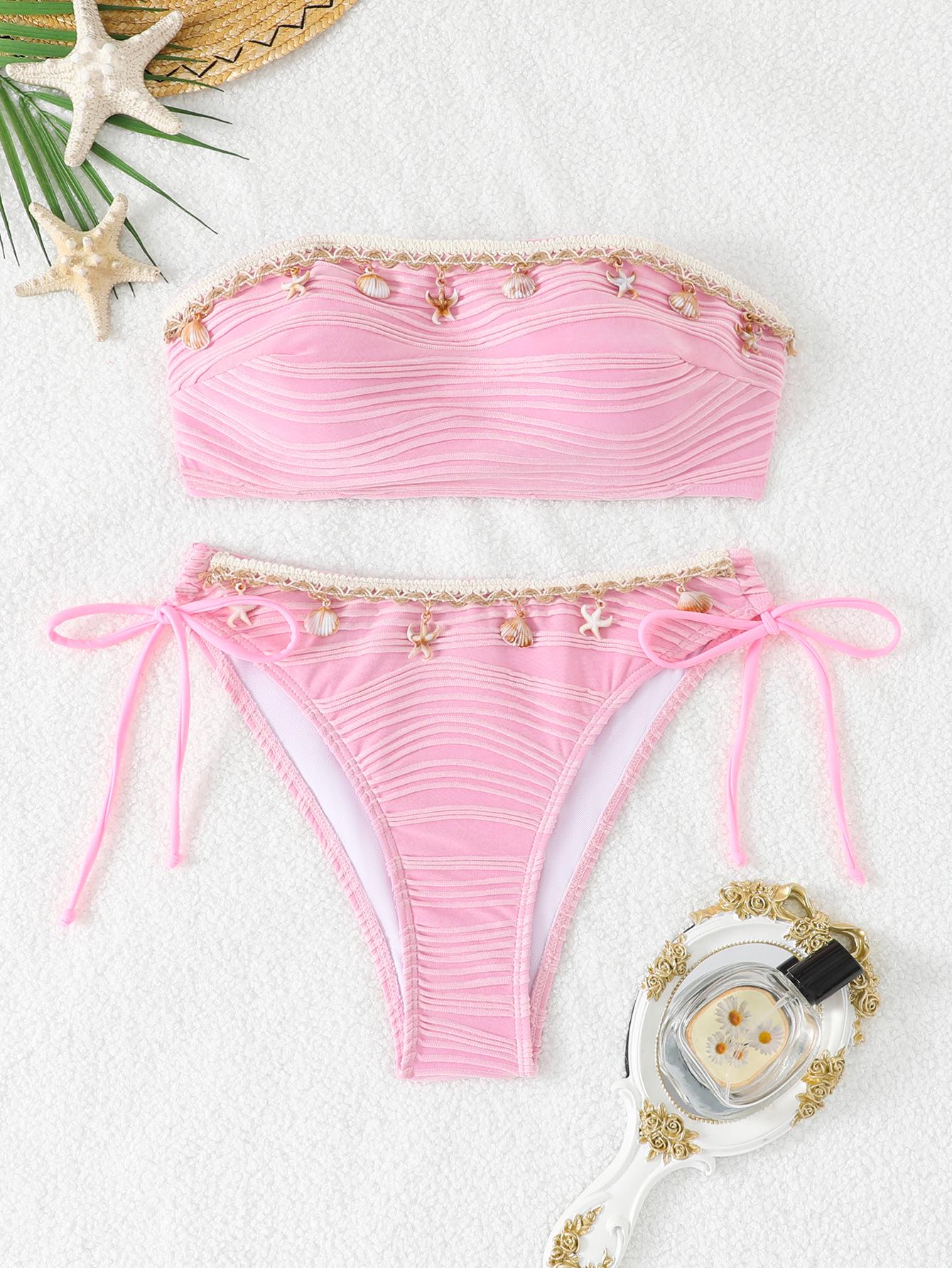 Европейско-американский подвесной бикини-бандо с завязками и декором (2026) Small розовый
