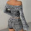 European and American women's clothing summer sexy one-word shoulder long-sleeved off-the-navel leopard print top sexy hot girl bottoming shirt