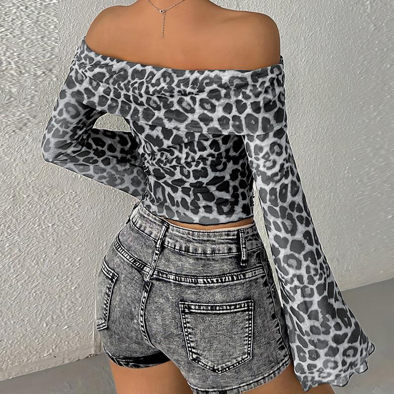 European and American women's clothing summer sexy one-word shoulder long-sleeved off-the-navel leopard print top sexy hot girl bottoming shirt