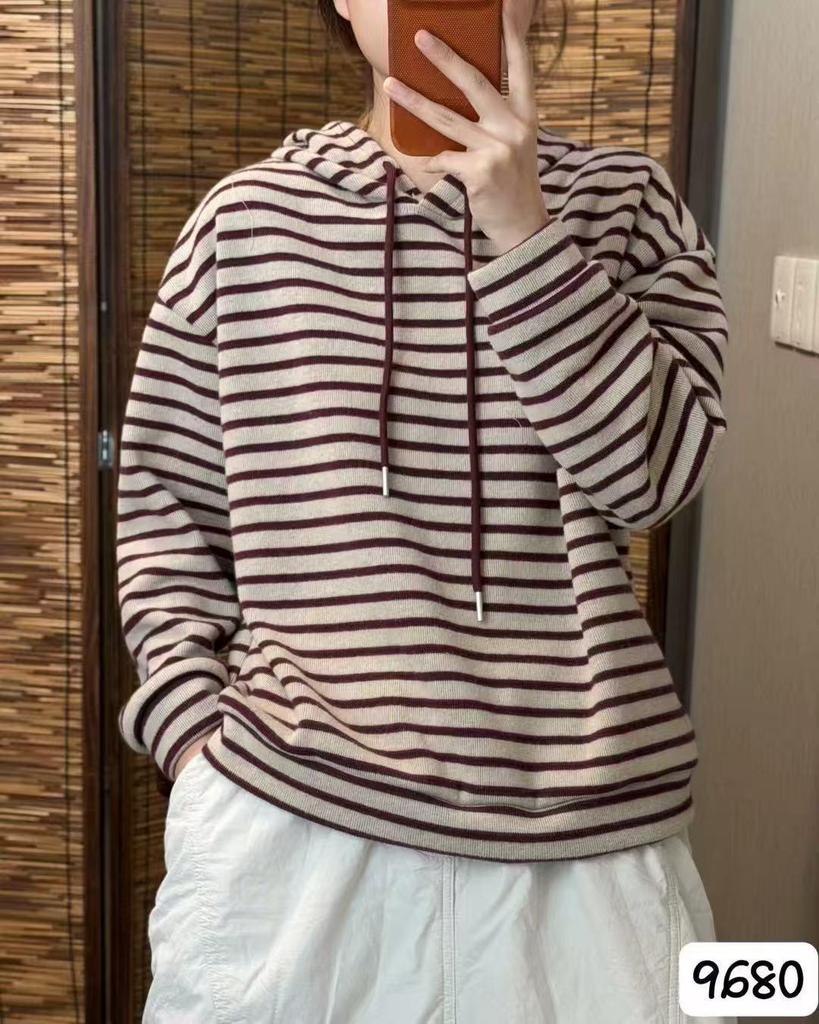 Women's Striped Hooded Long-Sleeve Warm T-Shirt - 2025 Winter Loose Fit Korean Casual Style Top