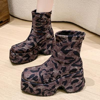 Women Leopard Platform Ankle Boots High Heels Square Toe Shoes Winter 2025 Trend New Gladiator Casual Shoes Pumps Botas Mujer
