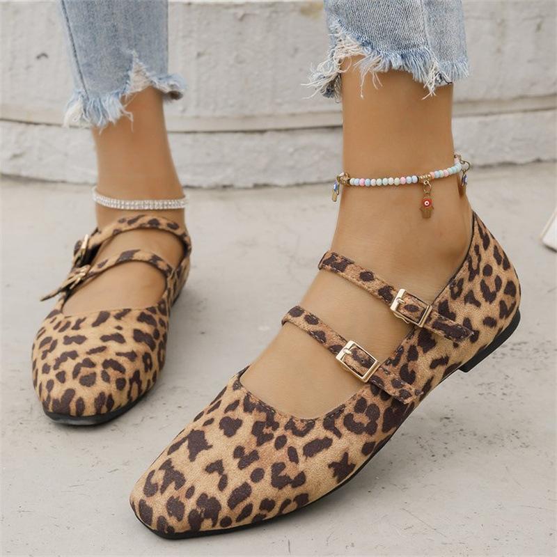 Women's Shoes 2024 Brand Buckle Strap Women's Flats Fashion Leopard Print Daily Flats Women Hot Sale Square Toe Flat Low Heels