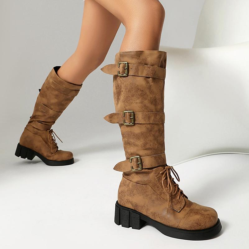 Dreireihige Metallschnalle Krawatte Runde Zehenpartie Dicker Absatz Retro Westernstiefel Atmungsaktives Innenfutter Herbst Neu Kniehohe Stiefel