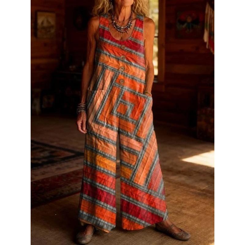 2026 Women's Vintage Summer Cotton and Linen Button Pocket Comfortable Sleeveless Casual One-piece Wide Leg Jumpsuit