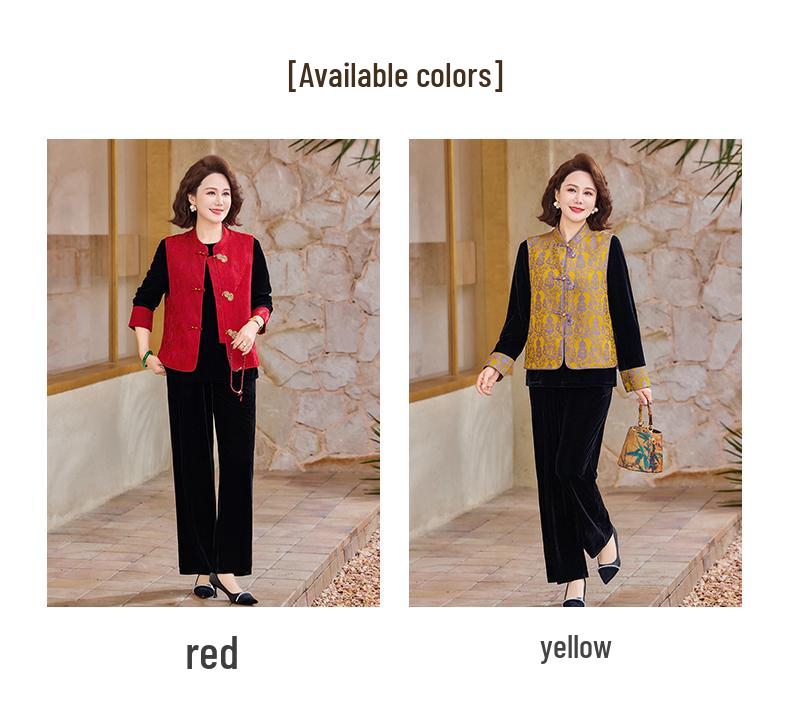 Elegant Velvet Suit Set for Middle-Aged and Elderly Women: Stylish Chinese Vest Jacket for Spring and Autumn