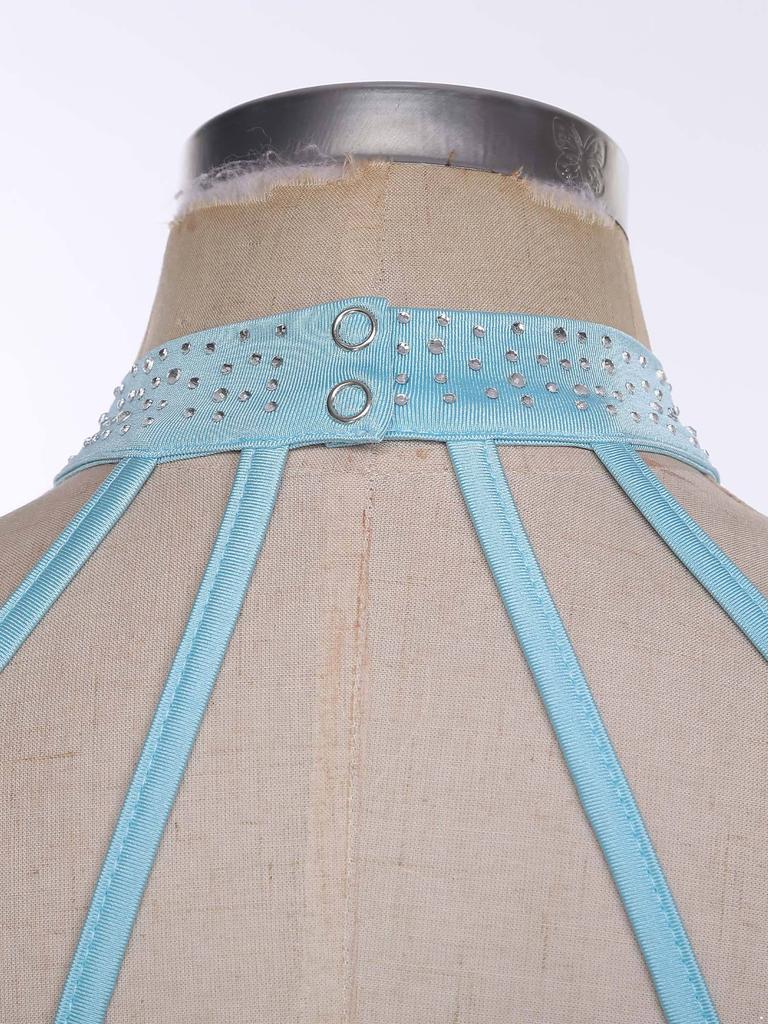 Womens Applique Lyrical Dance Dresses Halter Strappy Back Asymmetrical Hem Shiny Rhinestones Leotard Dress