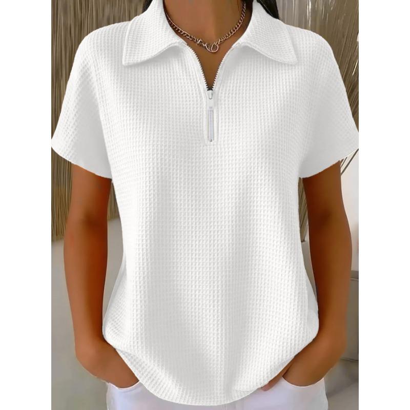 Damen Orange Waffelstrick Poloshirt Halber Reißverschluss Kurze Ärmel Lässige Bluse
