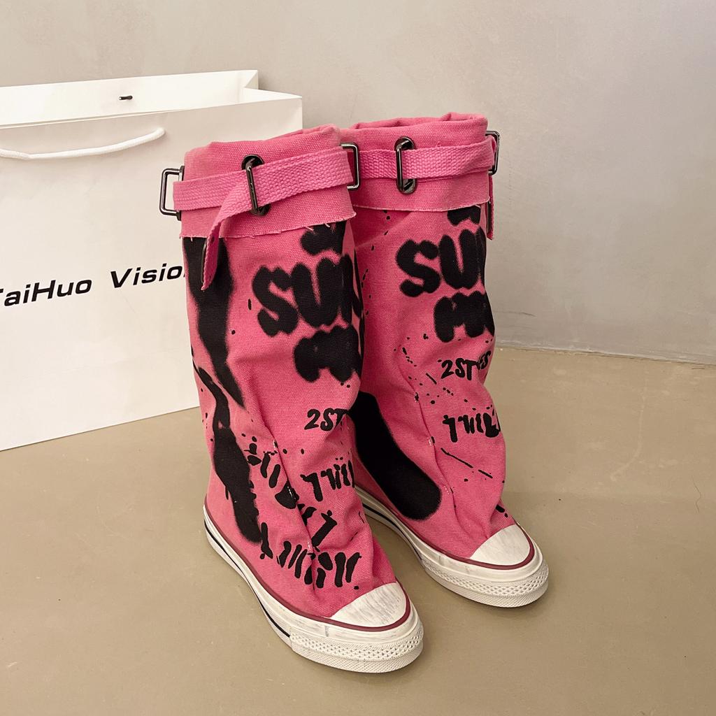 Fashion Women's Spring Graffiti High Canvas Boots Round Head Middle Follow Anti-slip Boots Women Leisure Fashion Rubber Sole Botas Mujer