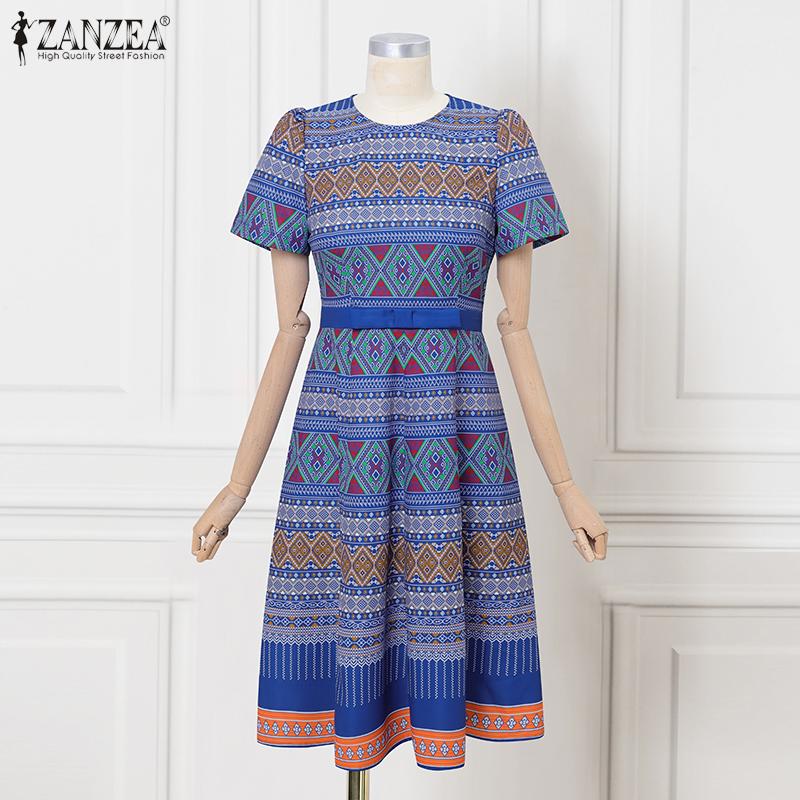 ZANZEA Damska codzienna sukienka z okrągłym dekoltem, letnia, z krótkim rękawem i nadrukiem