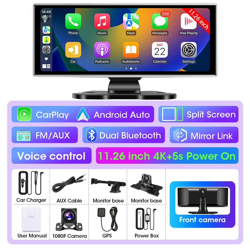 11.26" 4K Dash Cam Rear View Camera Wireless Carplay Android Auto Dual Lens Car DVR Video Recorder AUX GPS BT FM Mirror Monitor