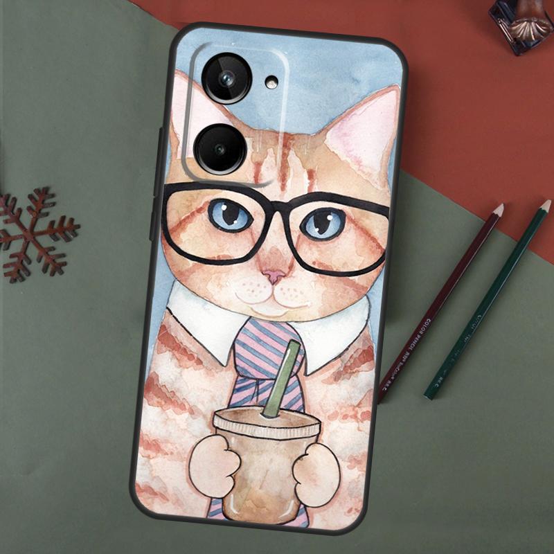 Cute Coffee Milk Cat Case For Realme C61 C53 C55 C33 C63 C51 C65 C67 C71 C75 11 12 13 14 15 Pro Plus GT6 GT7 Pro
