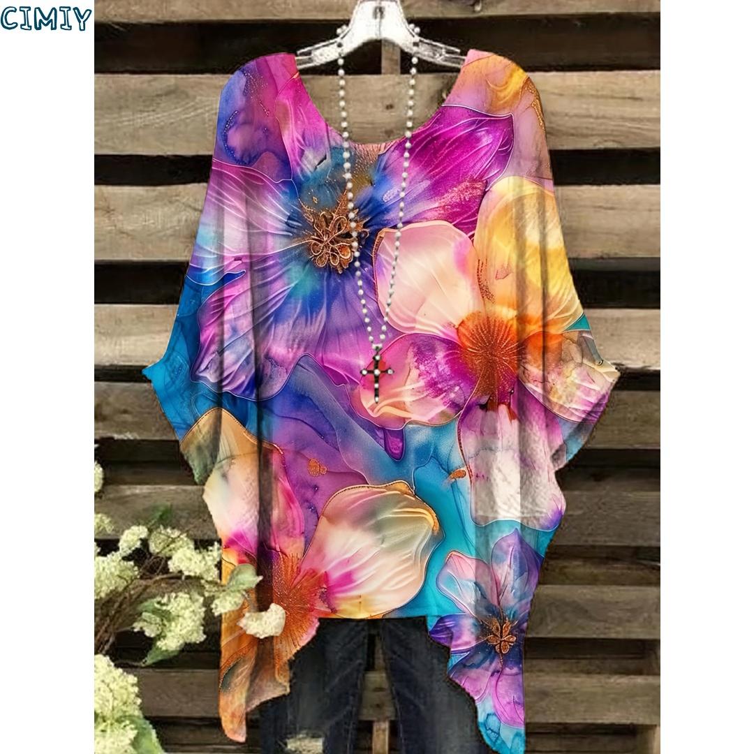 

Women s Bohemian Vacation Style T-Shirt with Vibrant Floral 3D Print Elegant Round Neck Long Sleeves and Ruffled 5XL