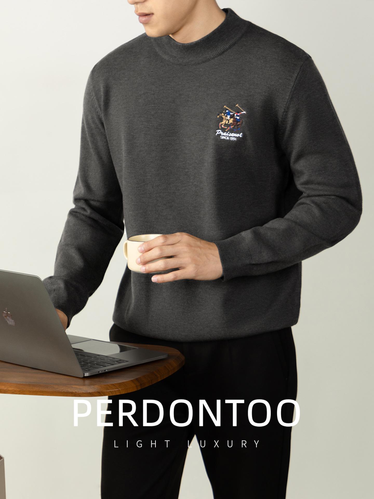 Men s Winter Wool Modal Embroidered Polo Sweater - Thick, Warm Half-High Collar Base Layer Knitwear XL