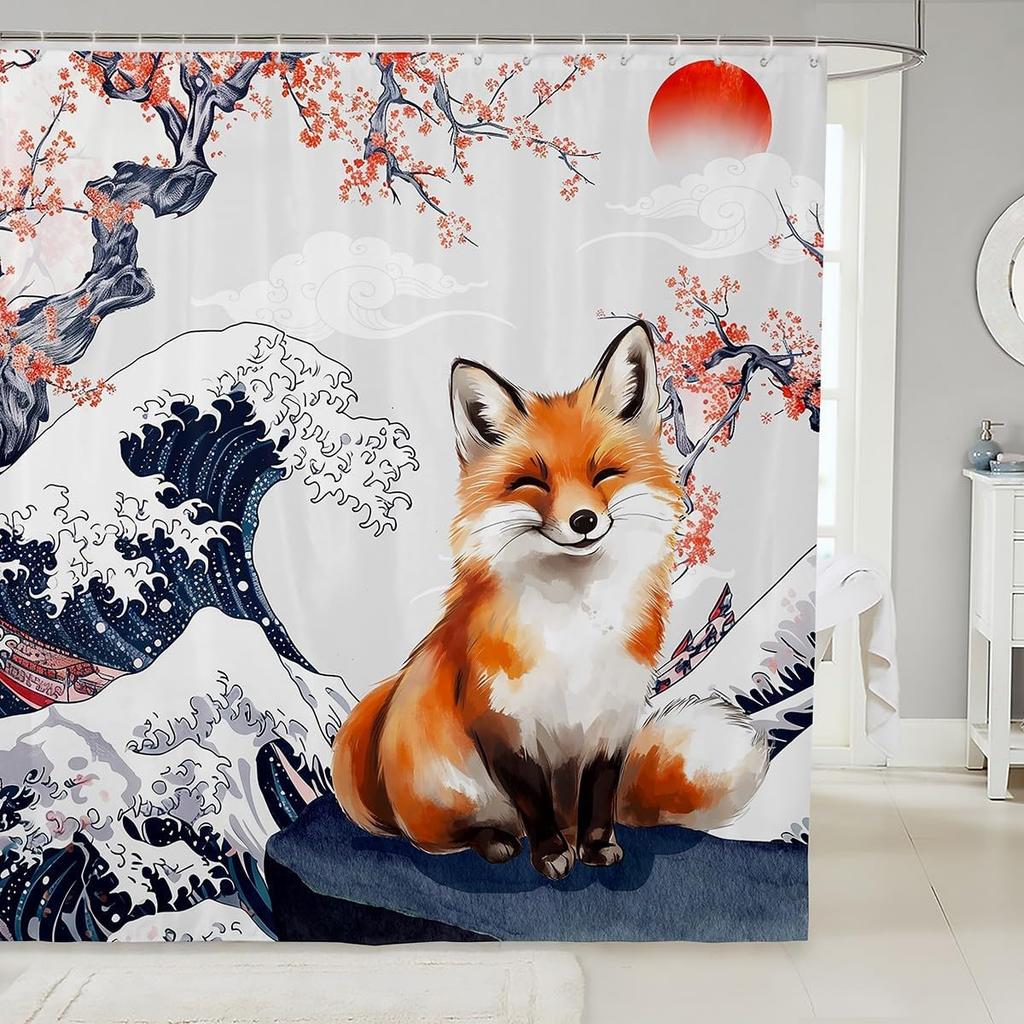 Cartoon Lion Shower Curtain for Kids Boys Girls Japanese Style Waterproof Bathroom Curtain, Vintage Ukiyoe Bath Curtain Ocean