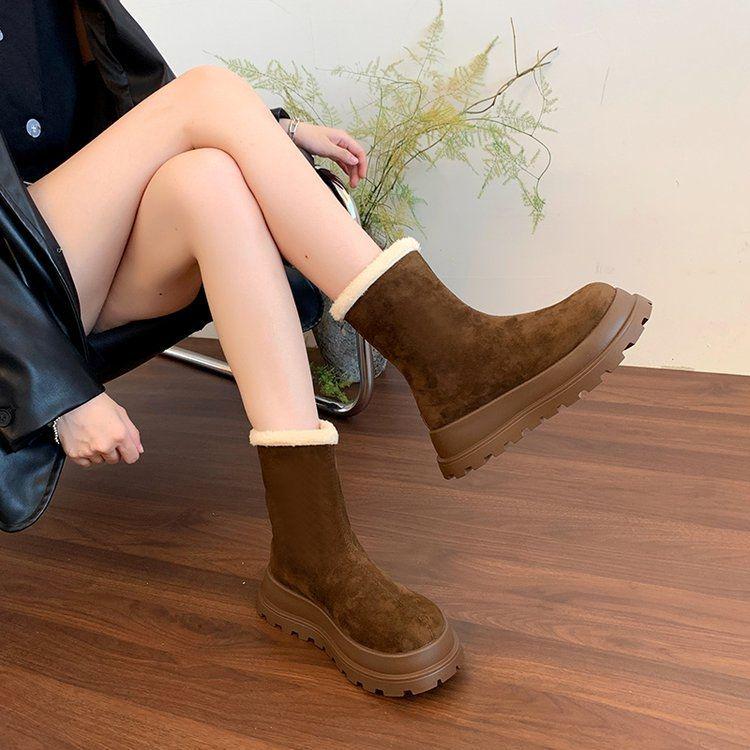 Women's Retro Office Thick-soled Short Boots Autumn Winter Casual Nude Boots Snow Boots