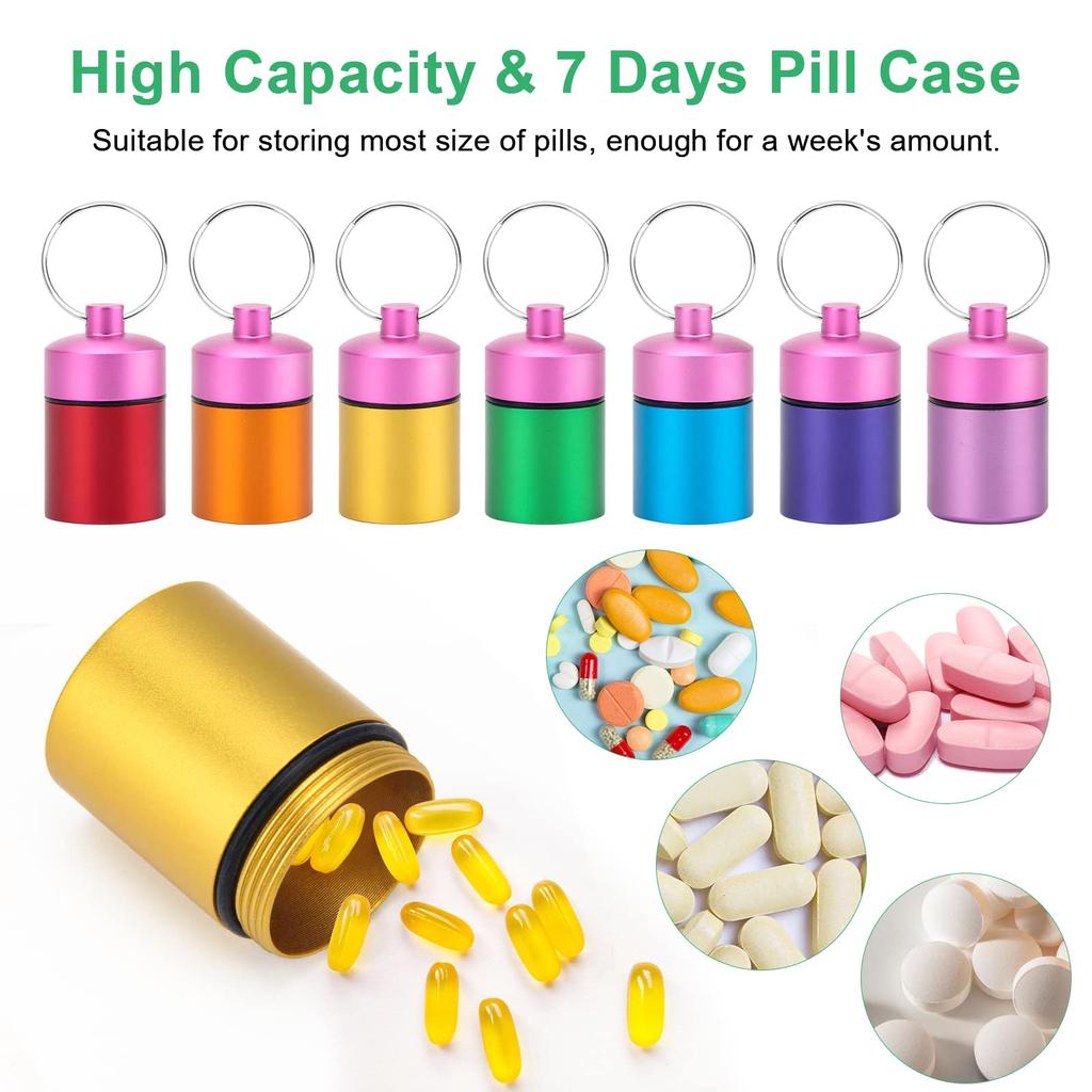 Small Portable Pill Case Keychain Waterproof Metal Pill Holder Tube with 7 Compartments for Emergency Mini Pill Organizer