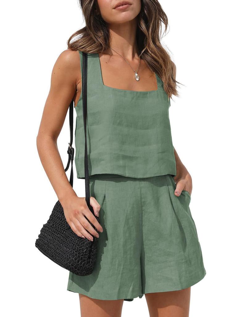 2026 Amazon New European & American Women's 2-Piece Casual Set Linen Shorts Sleeveless Top Vest