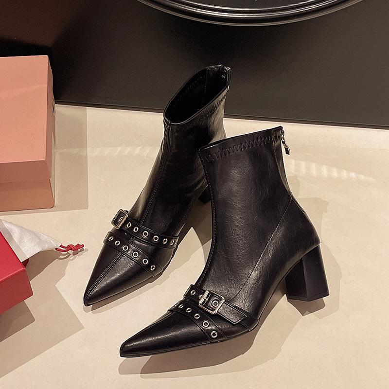 Pointed thick heel short boots women's 2025 autumn and winter new temperament high heel thin boots black belt buckle British Martin boots