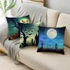 Happy Halloween Pumpkin Lantern Moon Graveyard Blue Linen Throw Pillowcase Decorative Cushion Cover For Sofa Livingroom Party