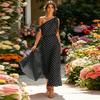 Robe longue décontractée ample à pois pour femme, une épaule, sans manches, avec détail de lien et taille élastique pour l'été
