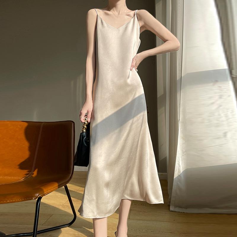 Summer New Style Women's Mulberry Silk Blended Dress Female Slim Waist Medium and Long Commuting Temperament Fashion Breathable Daily Dress