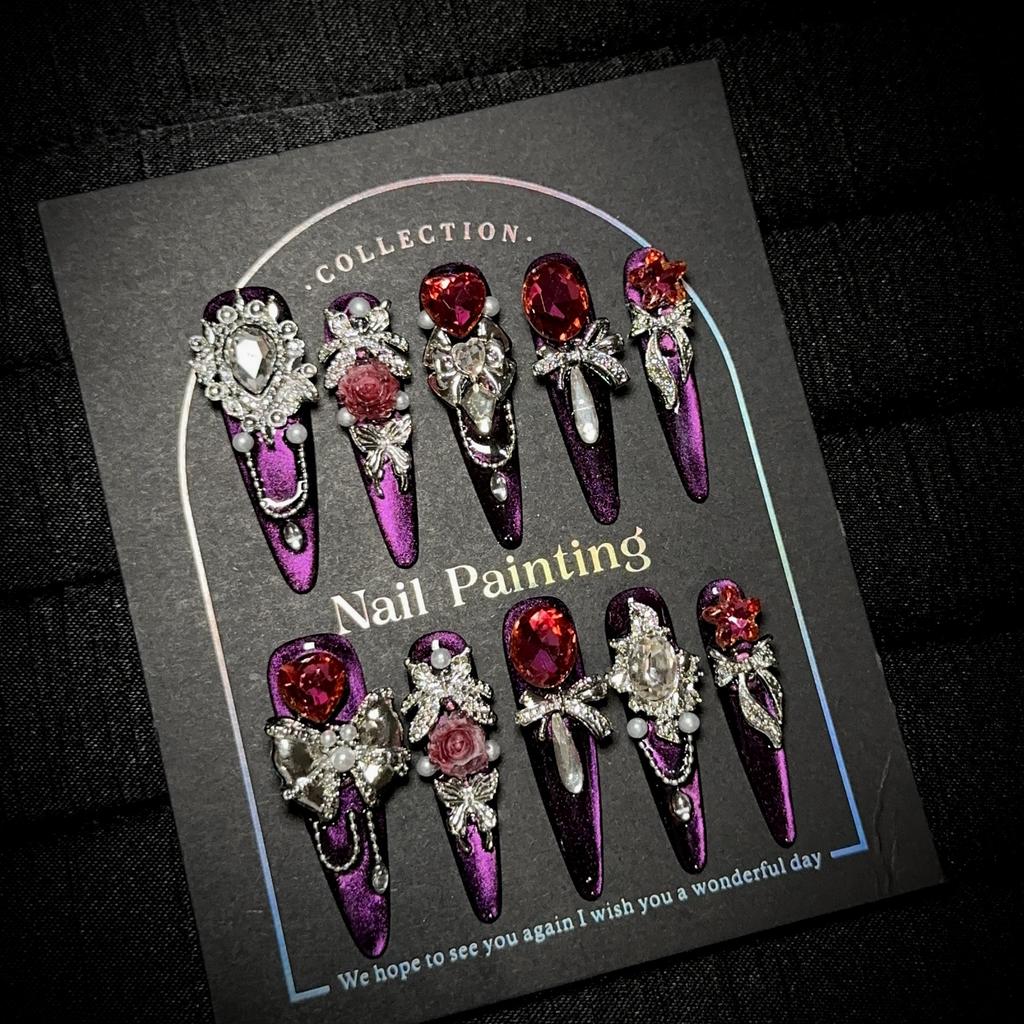 Handmade Luxury Press On Nails Long Almond French Tip Sparkly Fake Nails 3D Rhinestones Designs Acrylic Nails Reusable Stick On Nail for Women