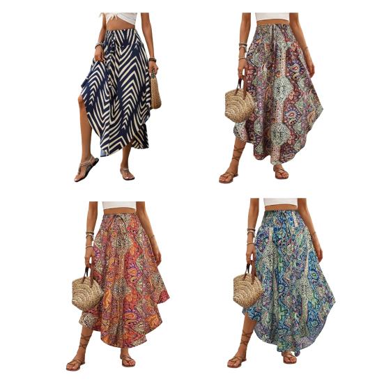 Boho Skirt Elastic High Waist A-Line Skirt Boho Adjustable Lace-up Retro Printed Loose Fit Slimming Skirt