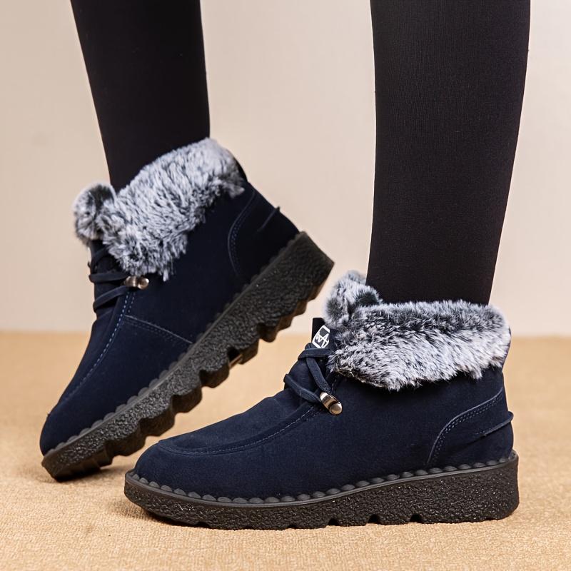 Women'S Winter Ankle Boots - Cozy Fleece-Lined Round Toe Lace-Up Boots with Thick Sole, Black & Gray Plush Design, for Cold Weather