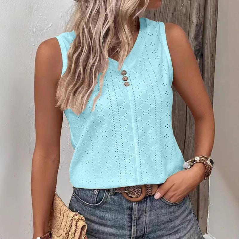 Summer T-shirt Women's Fashion Solid Color Casual V Neck Sleeveless Buttoned Vest T-shirt