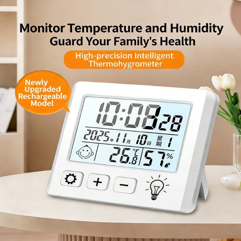 Desk Temperature Humidness Measurement Meter with Time Date Display for Indoor Home Thermometers Hygrometer Large Display