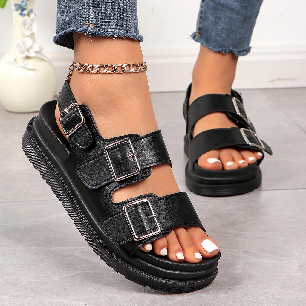 Women's Sandal British Style Rome Shoe Comfy Soft Leather 2024 Summer Sandalias Metal Buckle Casual Slipper Flat Platform Sandal