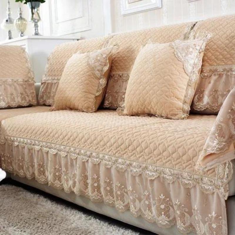 European Style Large Skirt Sofa Mat Four Seasons Short Plush Anti Slip Sofa Cover Simple Lace Solid Color Backrest Towel