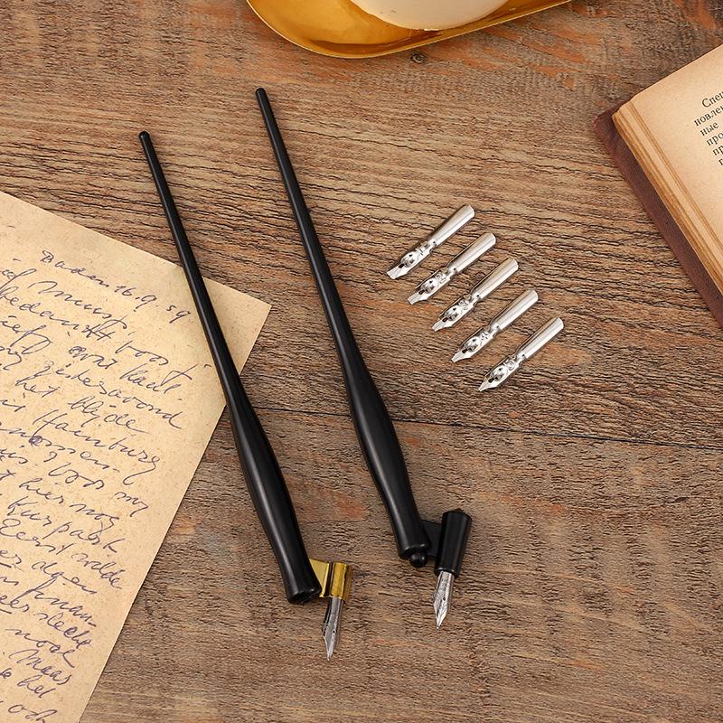 Set di Pennini a Immersione Rotondi Smaltati in Legno per Calligrafia - Steli Dritti e Inclinati