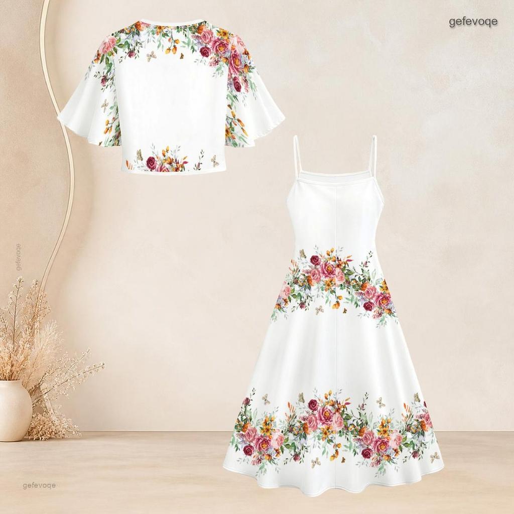 Women Plus Size White Floral Printed Batwing Sleeve Cropped Shrug Strappy Flared Dress Two Piece Set