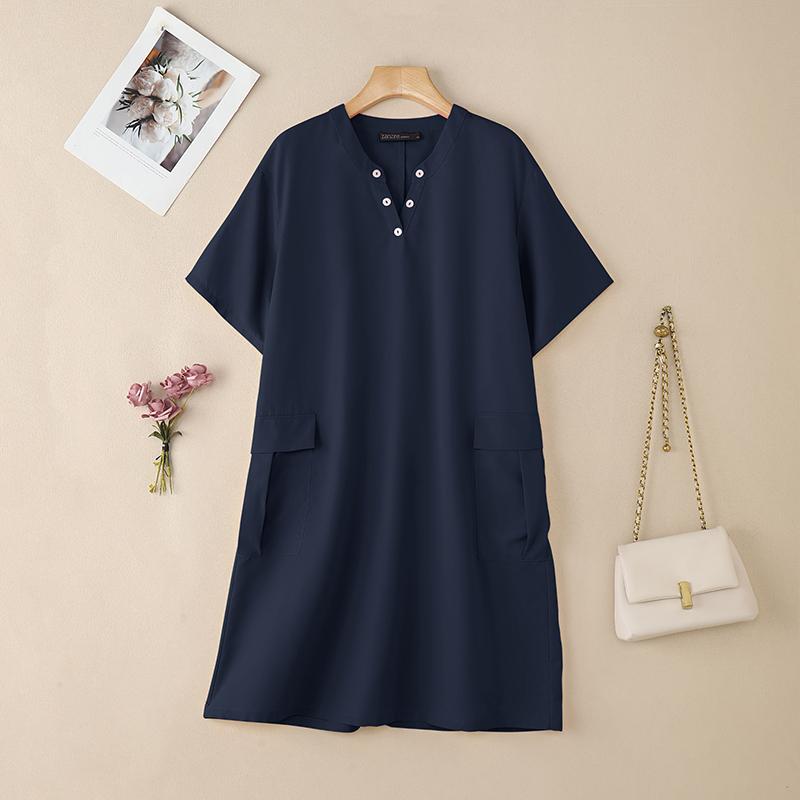 ZANZEA Women Turn Down Collar Summer Short Sleeve Casual Dress