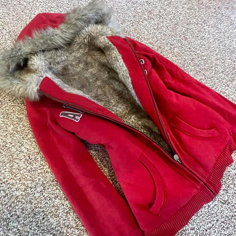 2KWEIRD American Retro Red Jaet Women's Vintage Small Design Sense Hoodie Sweatirt Autumn Winter Cotton