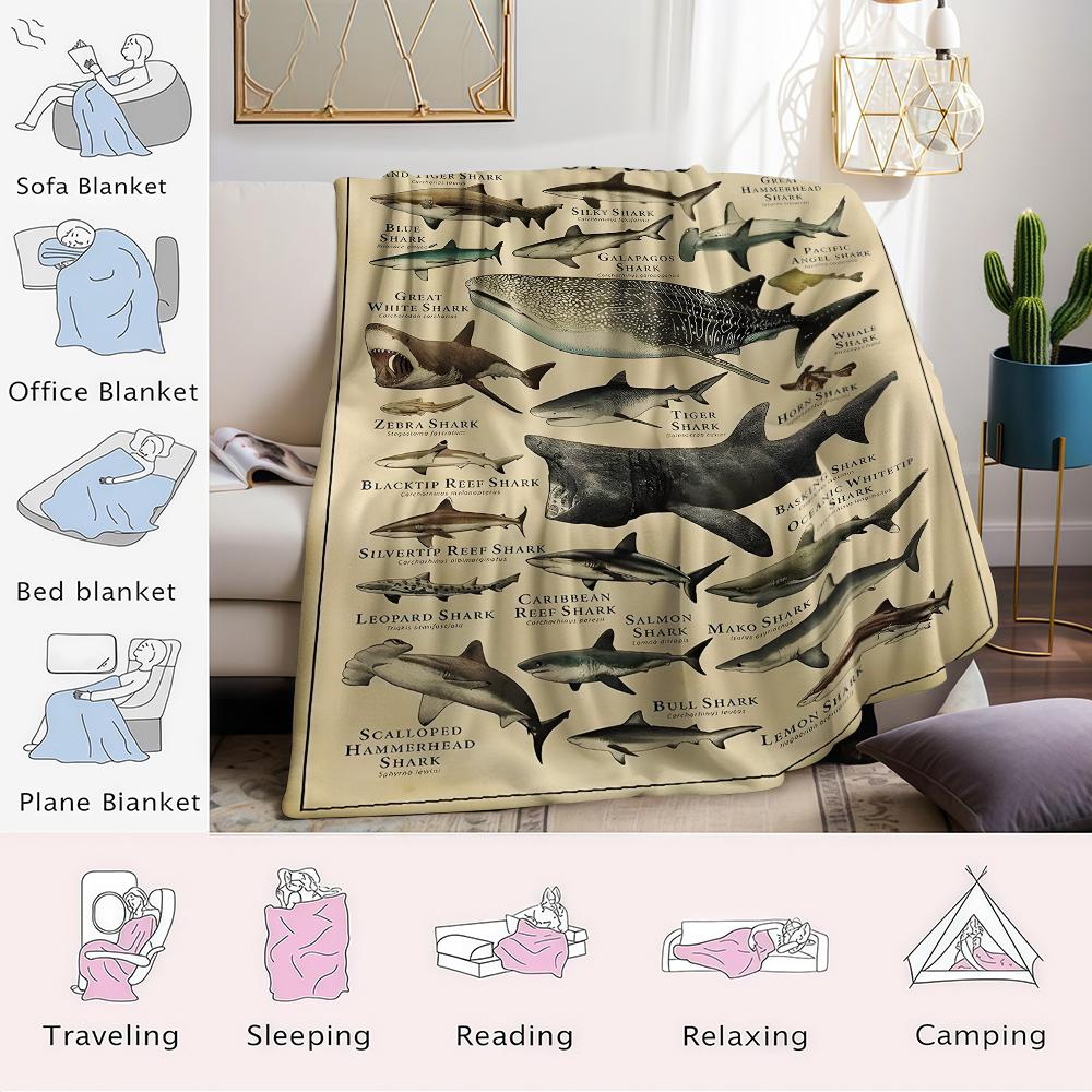 Vintage Shark Chart Flannel Blanket Warm Soft Halloween Christmas Couch Warm Cozy Decorative Decor Gift For All Season
