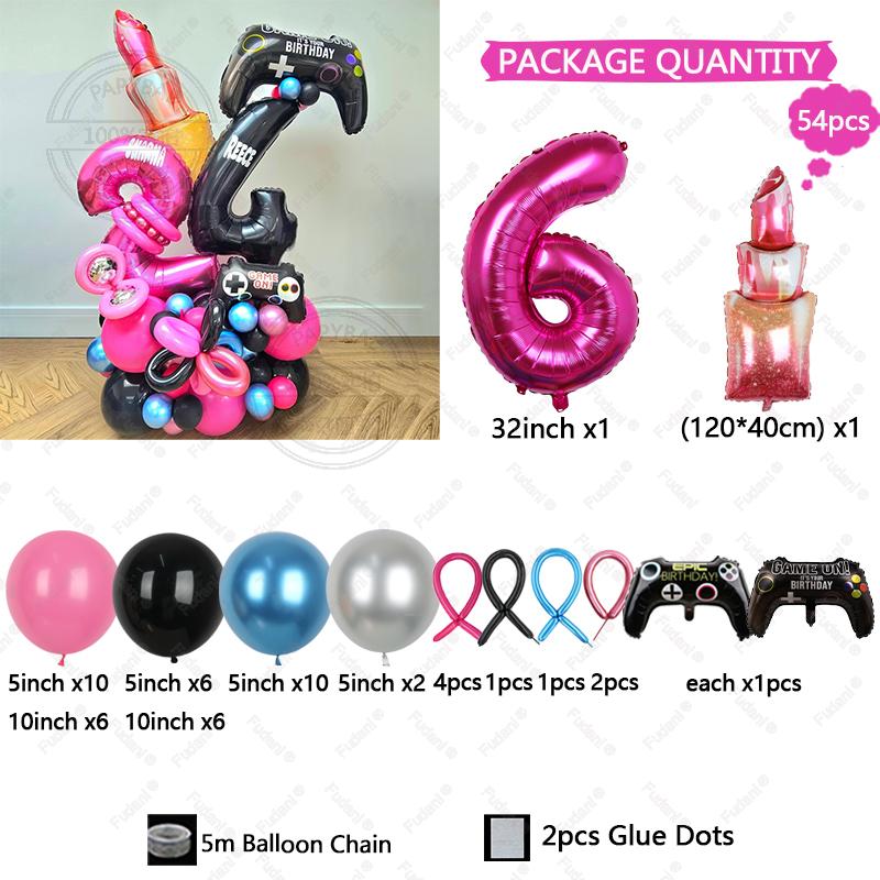 54pcs Red Lips Game Control Handle Black 1-9 Foil Digital Balloons Childrens Birthday Toys Party Decor Game Theme Party Supplies