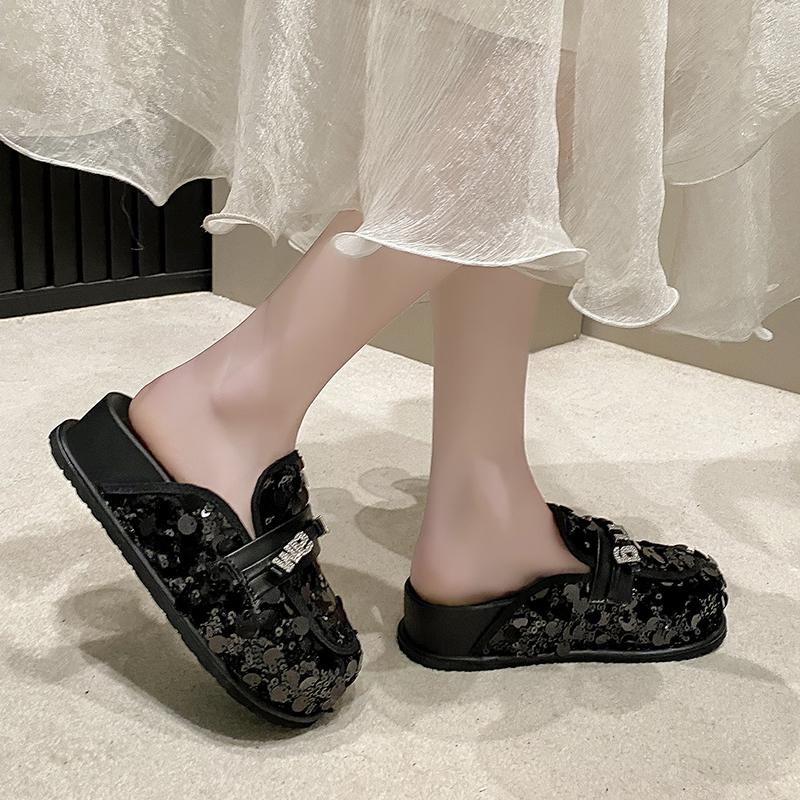 Fashion Bling Platform Mules Slippers Women Flat Sandals Casual Loafers Shoes Woman 2025 Trend Comfort Elegant Dress Summer Slides Mujer