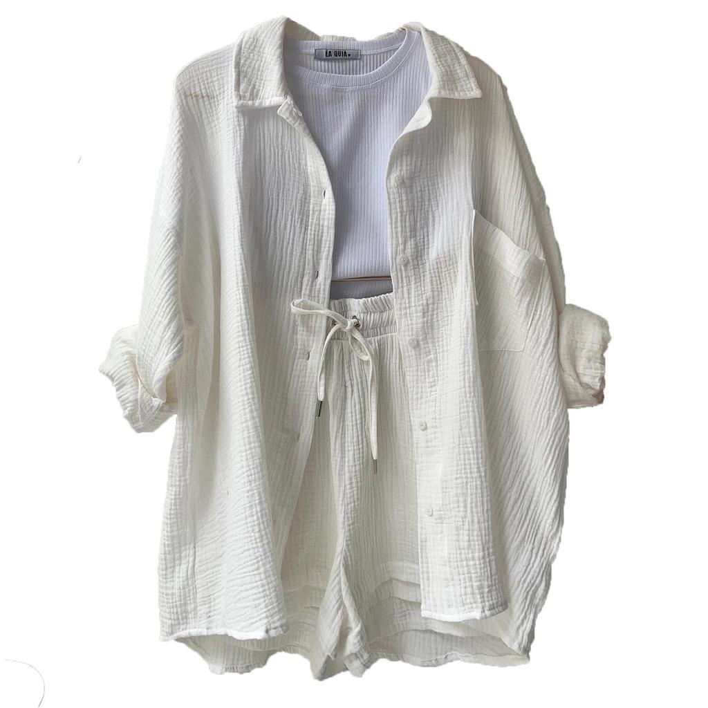 2024 Autumn Women's Two-Piece Set: Wrinkled Long Sleeve Shirt & High Waist Drawstring Shorts