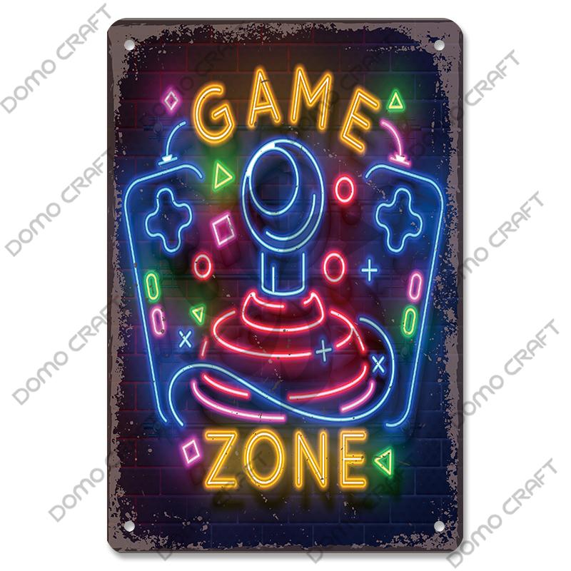 Poster Neon pentru jocuri video Placă metalică Gamer Play Win Game Zone Semne de tablă din metal Decor de perete retro Sala de jocuri Bar Pub Peștera omului