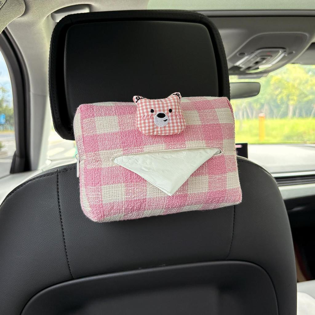 Cartoon Bear & Bunny Plaid Tissue Box for Car Seat Back, Armrest, or Sun Visor