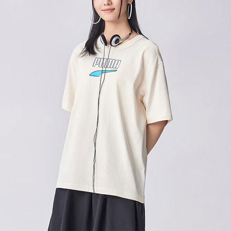 Puma Letter Logo Printed American Style Crew Neck Pullover Casual Short Sleeve T-Shirt Unisex T-Shirt Almond 535359-87