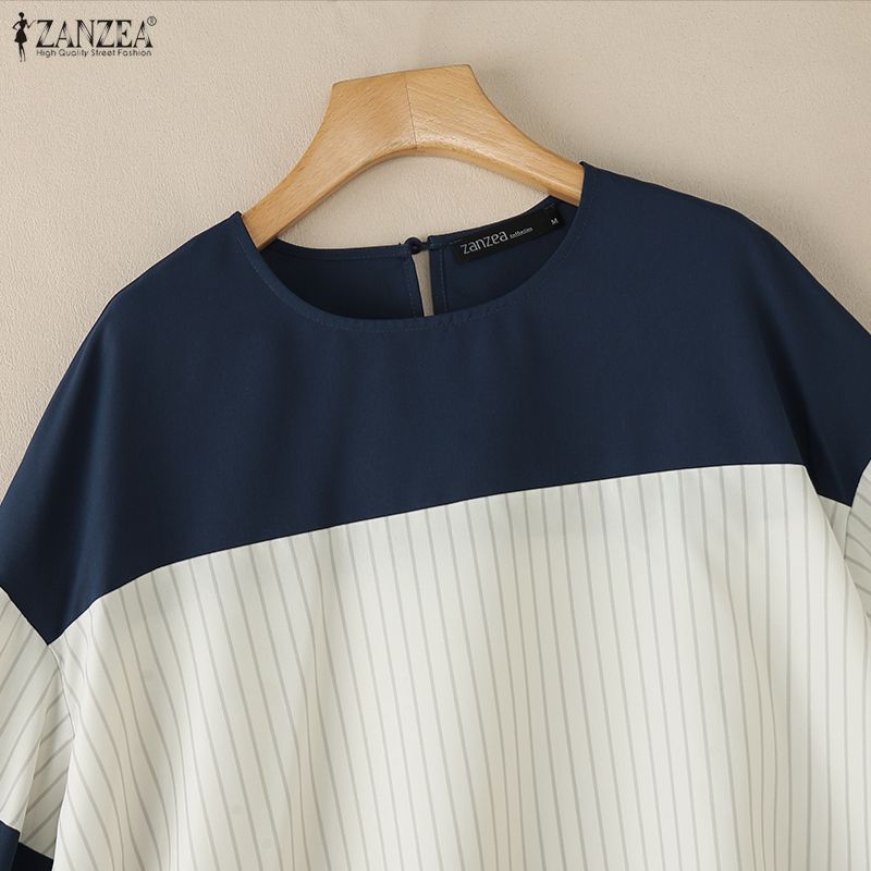 ZANZEA Women Casual Round Neck Loose Stripe Patchwork 3/4 Sleeve Blouse