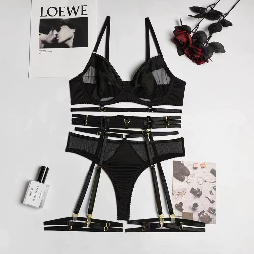 "European and American Multi-piece Bra Set: Mesh Splicing with Leg Ring, Sexy Underwear"