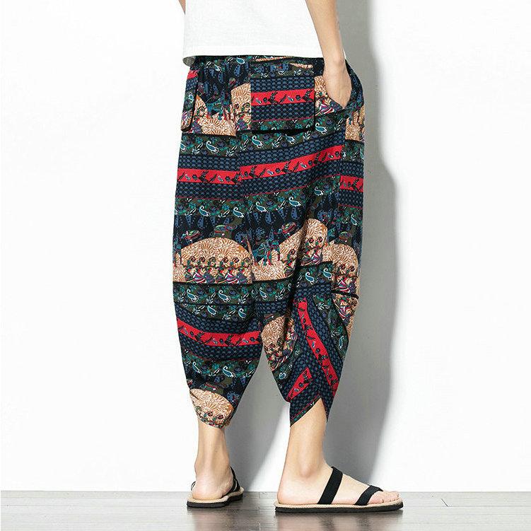Harajuku Lässige Haremshosen mit weitem Bein für Männer 2024 Sommer Baumwolle Strand Baggy Pants Chinesischer Stil Prinitng Wadenlange Hose