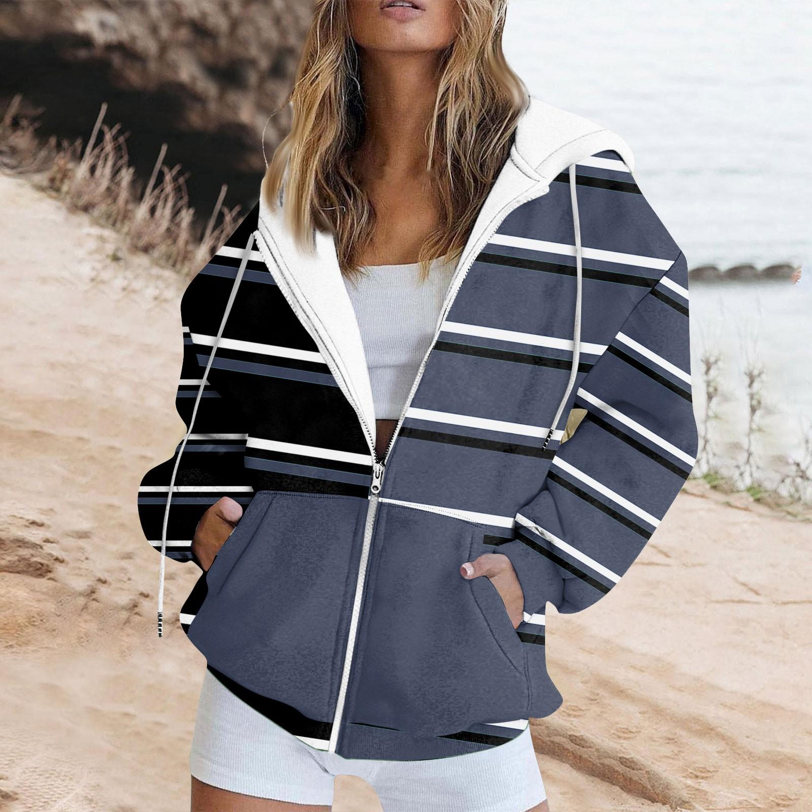 

Жіноча толстовка з довгим рукавом у смужку в стилі печворк і кишенею на блискавці з капюшоном L Темно-синій