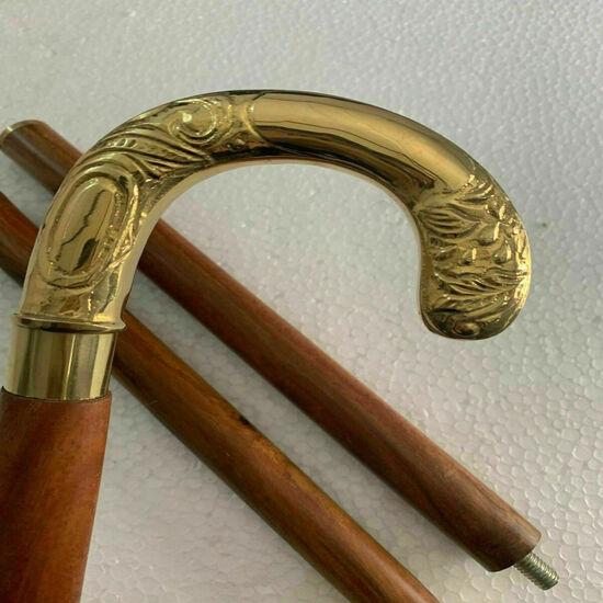 Antique Solid Brass Engraved Head Handle Victorian Wooden Walking Stick Cane